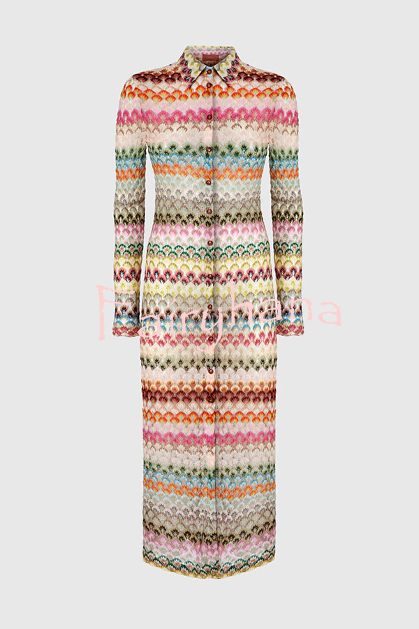 Anna Knit Colorful Herringbone Print Shirt Neck Button Long Sleeve Slim-fit Long Cardigan