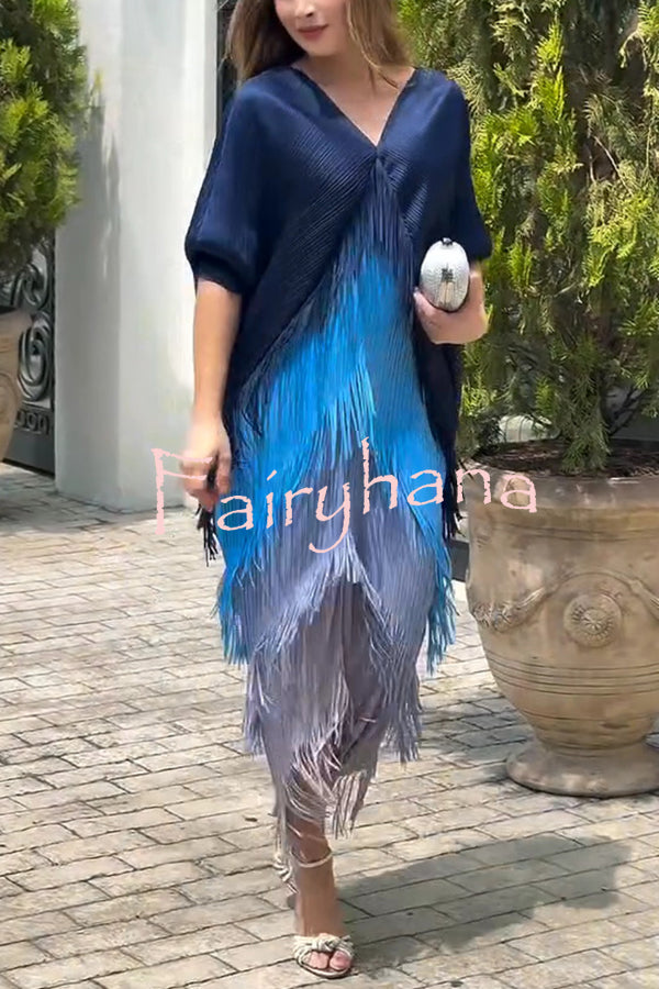 Fashionable Color-blocked Multi-layered Tassel Loose Midi Dress