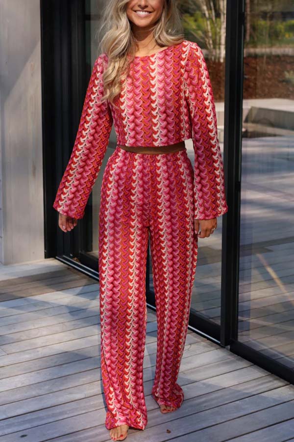 Tamia Knit Colorful Wave Unique Print Crop Top and Stretch Wide Leg Pants Set