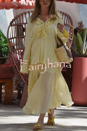 Solid Color Pleated Ruffled Tie Long Sleeve Loose Shirt