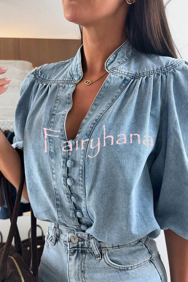 Fashion V-neck Button-down Lantern Sleeve Casual Denim Shirt