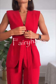 Keep It Classic V-neck Belted Vest and Mid Rise Pocket Wide Leg Pants Set