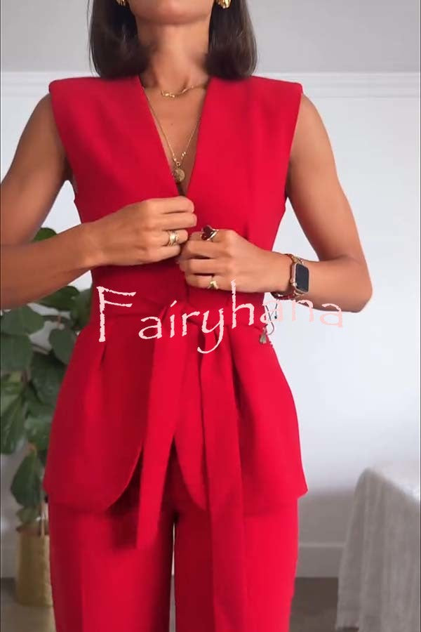 Keep It Classic V-neck Belted Vest and Mid Rise Pocket Wide Leg Pants Set