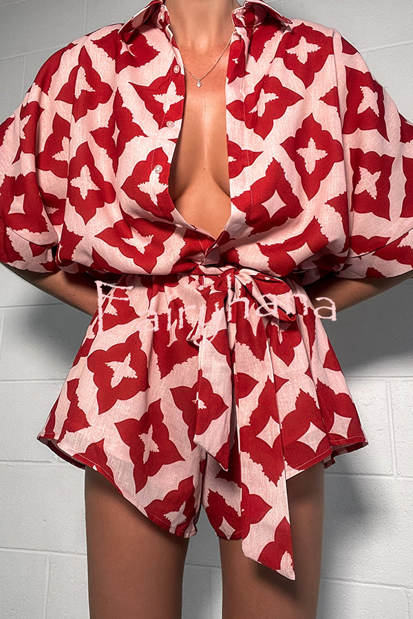 Porticia Linen Blend Unique Print Button Belted Loose Shirt Romper