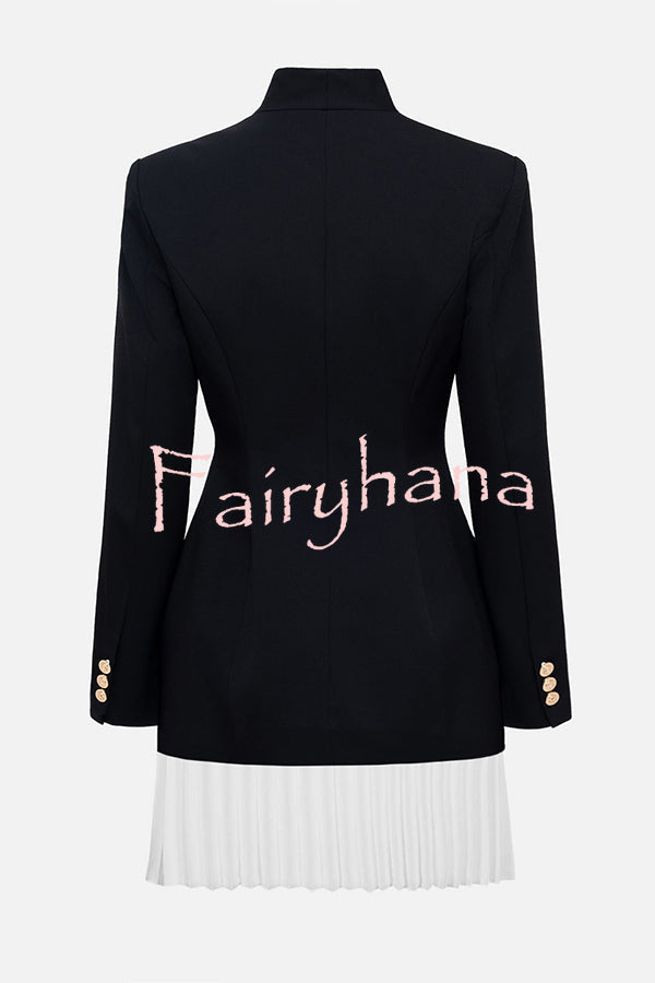 Fashionable Contrast Color Elegant Long Sleeve Pleated Suit Mini Dress