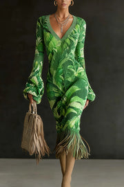 Unique Printed V-neck Long-sleeved Elegant Tassel Hem Midi Dress