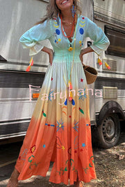 Gigi Unique Pattern Gradient Print Smocked Elastic Waist Fringed Maxi Dress