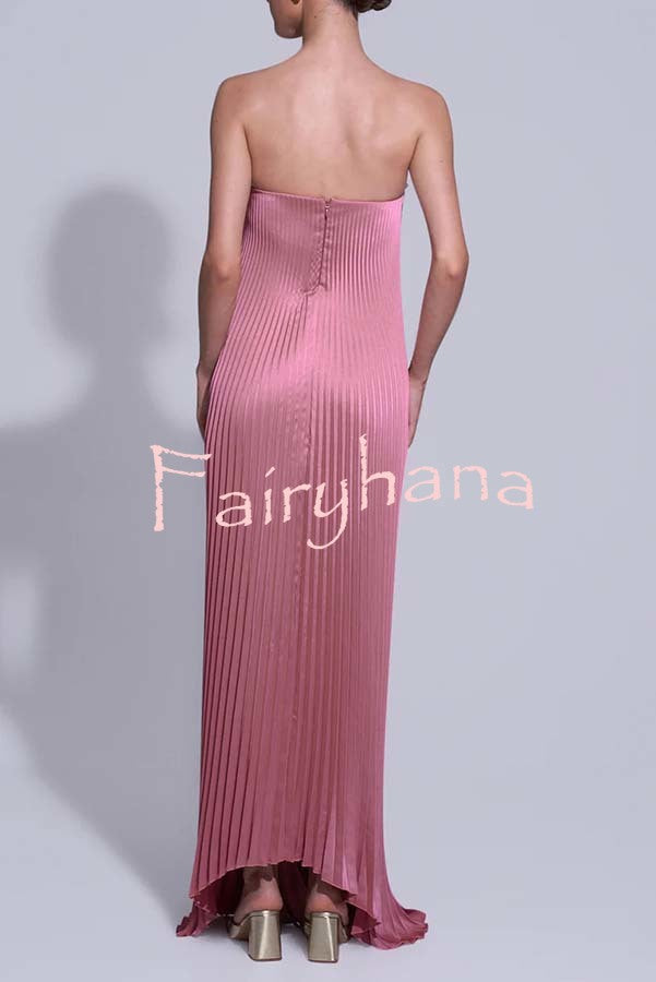 Darling Moment Satin Fabric Off Shoulder V-neck Asymmetric Hem A-line Maxi Dress