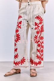 Till Sunset Linen Blend Unique Print Elastic Waist Pocket Wide Leg Pants