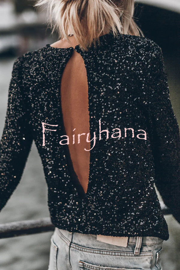 Exclusive Party Sequin Extra Long Slit Sleeves Open Back Top