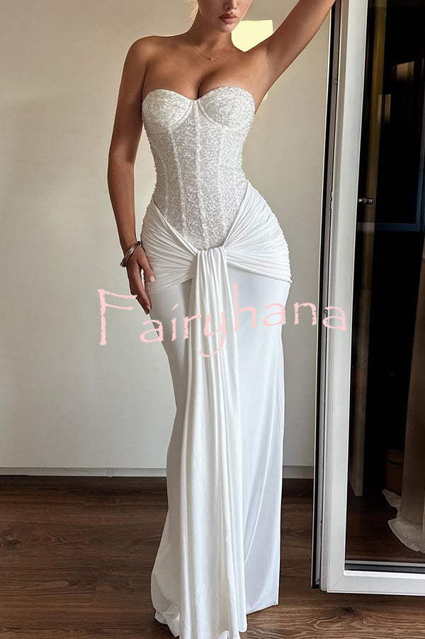 Carina Sequined and Satin Jersey Off Shoulder Ruched Knot Drape Maxi Dress