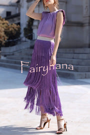 Elegant Tassel Hem Elastic Waist Casual Maxi Skirt