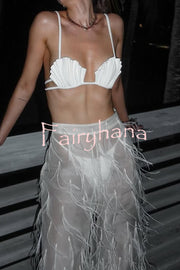 Braylie Sheer Tulle Tiered Feather Trim High Rise Wide Leg Pants