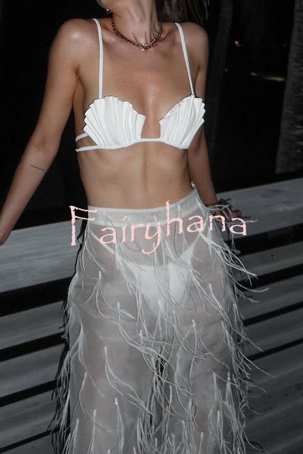 Braylie Sheer Tulle Tiered Feather Trim High Rise Wide Leg Pants