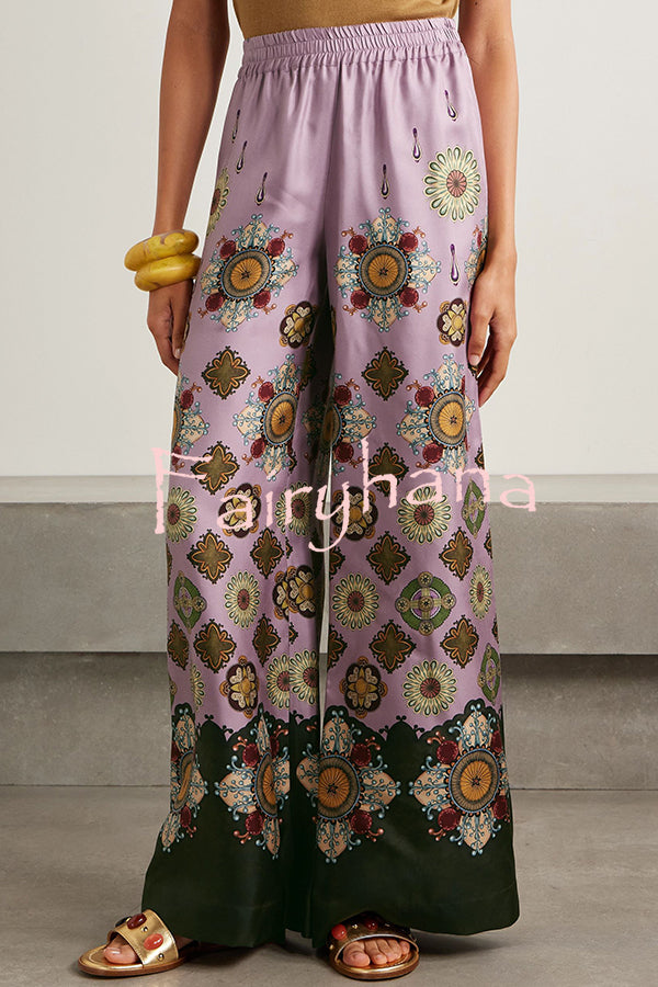 Satin Unique Print Loose Batwing Sleeve Top and Elastic Waist Pocket Casual Wide-leg Pants Set