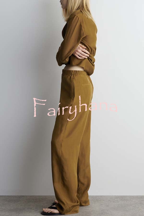 Bella Satin Drape Collar Single Button Casual Blazer and Elastic Waist Pocket Loose Pants Set