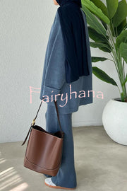 Solid Color Loose Long-sleeved Knit Top and Elastic Waist Casual Straight Leg Pants Set