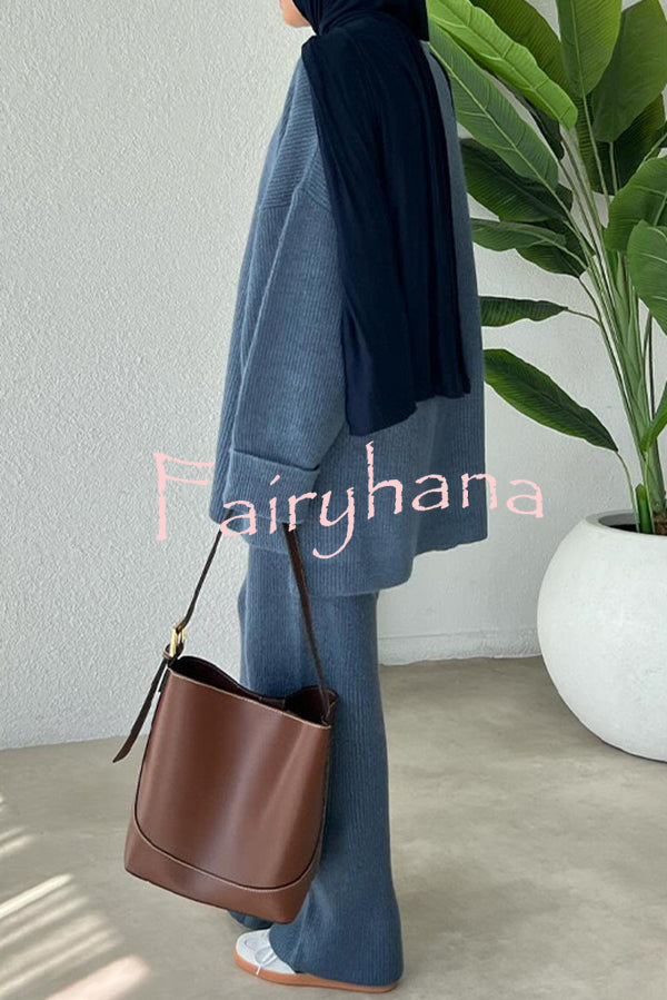 Solid Color Loose Long-sleeved Knit Top and Elastic Waist Casual Straight Leg Pants Set