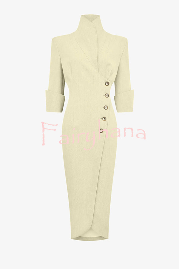 Elegant Look Linen Blend Stand Lapel Neck Half Sleeve Side Button Midi Dress