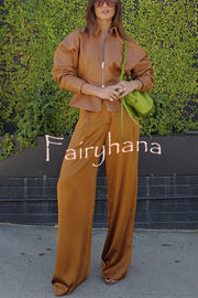 Pop of Brown Faux Leather Double Zipper Detail Balloon Sleeve Lapel Jacket