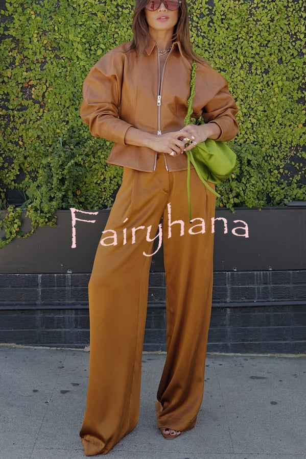 Pop of Brown Faux Leather Double Zipper Detail Balloon Sleeve Lapel Jacket