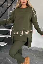 Solid Color Crew Neck Long Sleeve Top and Casual Stretch Pants Set