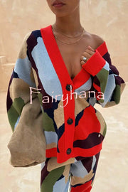 Bright and Bold Knit Abstract Color Blocks Button Long Sleeve Loose Cardigan