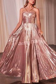 Make A Toast Metallic Fabric Cross Neck Cutout Slit Pleated Maxi Dress