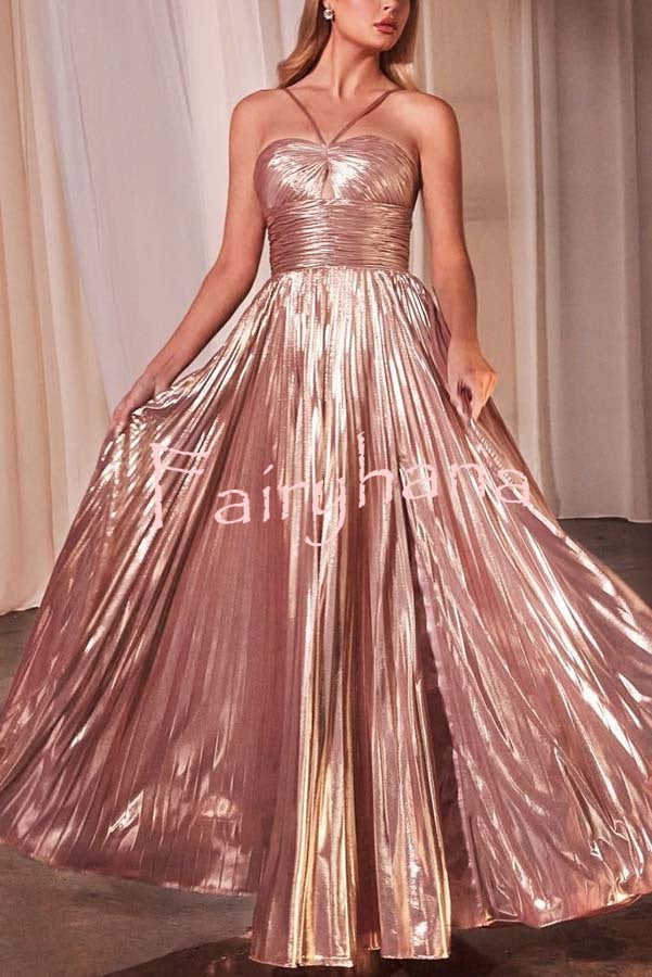 Make A Toast Metallic Fabric Cross Neck Cutout Slit Pleated Maxi Dress