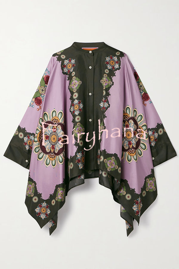 Satin Unique Print Loose Batwing Sleeve Top and Elastic Waist Pocket Casual Wide-leg Pants Set