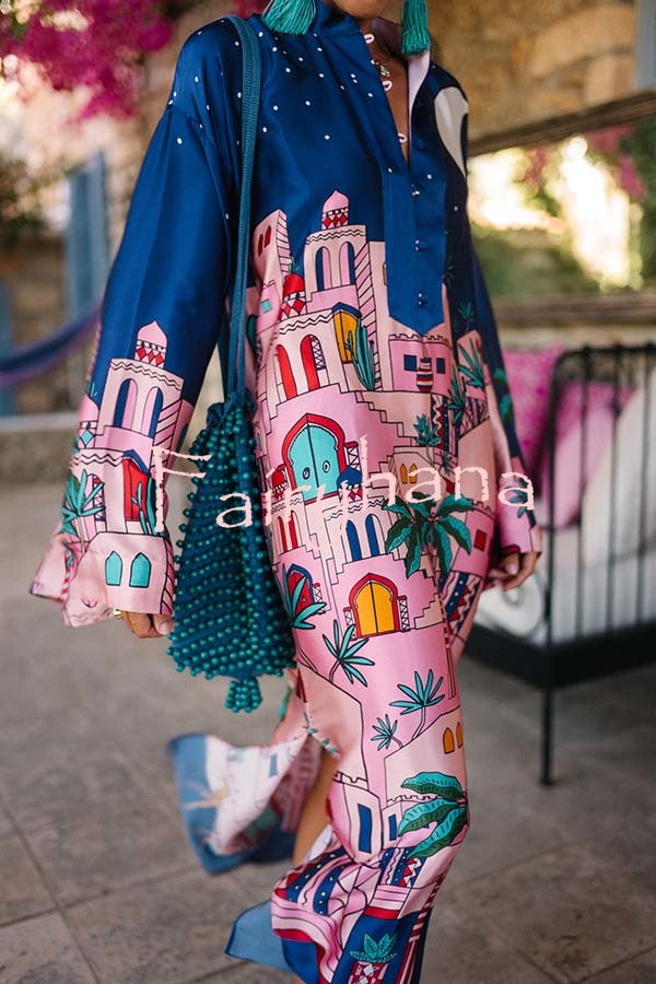 Seaside Stroll Satin Unique Print Button Up Long Sleeve Slit Kaftan Midi Dress