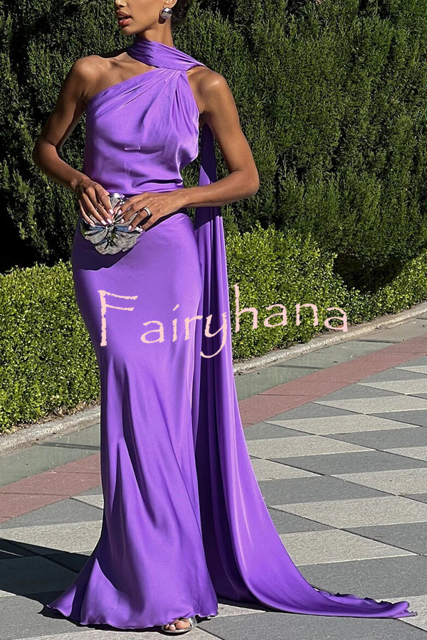 Crush on You Satin One Shoulder Backless Cape Maxi Dress