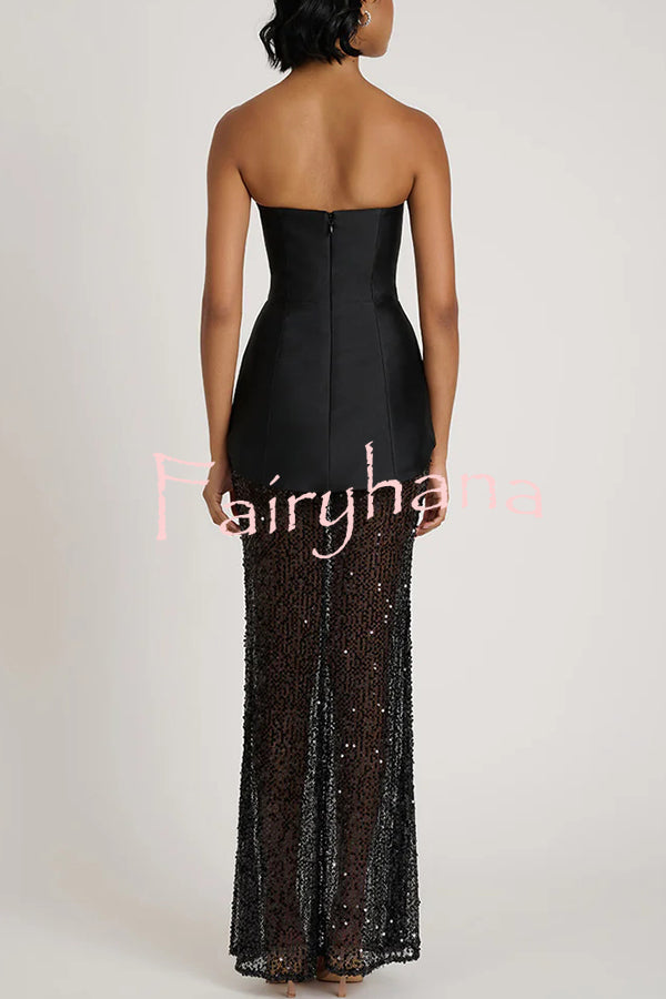 Nerissa Satin cutout metal ball Patchwork sequin hem strapless maxi dress