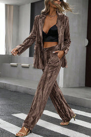 Solid Color Velvet Loose Long-sleeved Top and Elastic Waist Pocket Casual Straight-leg Pants Set