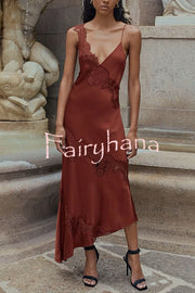 Sexy Lace Stitching Suspender V-neck Asymmetrical Maxi Dress