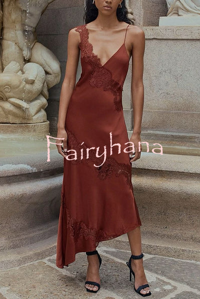 Sexy Lace Stitching Suspender V-neck Asymmetrical Maxi Dress