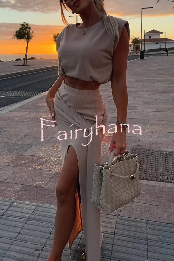 Comfortable Stylish Round Neck Sleeveless Casual Top and Elastic Waist Ruched Tie Slit Midi Skirt Set