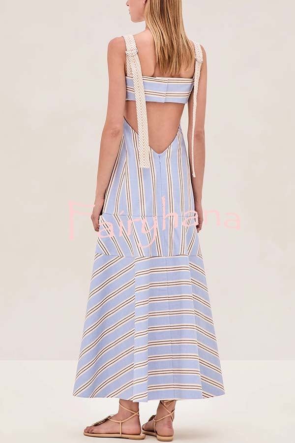 Talette Stripe Print Embroidered Wide Straps Back Cutout Maxi Dress