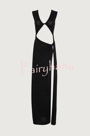 Beautiful Figure Shiny Knit Fabric Cutout Side Slit Stretch Vacation Maxi Dress