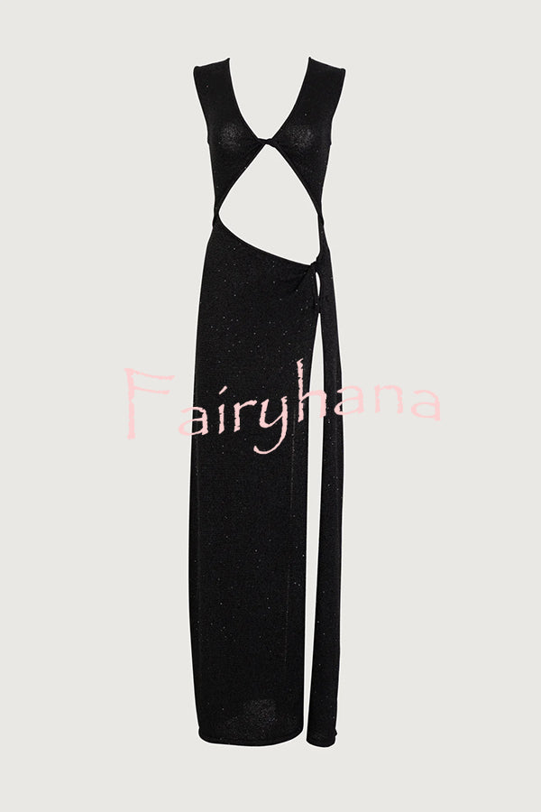 Beautiful Figure Shiny Knit Fabric Cutout Side Slit Stretch Vacation Maxi Dress