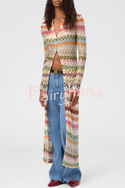 Anna Knit Colorful Herringbone Print Shirt Neck Button Long Sleeve Slim-fit Long Cardigan