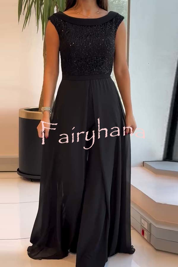 Officially Shining Crew-neck Sequin Textured-panel Tulle Cape Jumpsuit