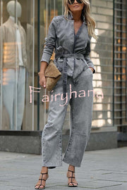 Casual Meetup Denim Stand Neck Long Sleeve Belted Loose Jacket