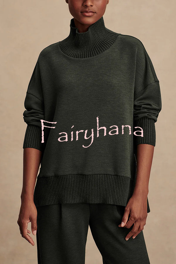 Barker High-Neck Long Sleeve Side Zipper Sweatshirt and Elastic Waist Pocketed Loose Pants Set