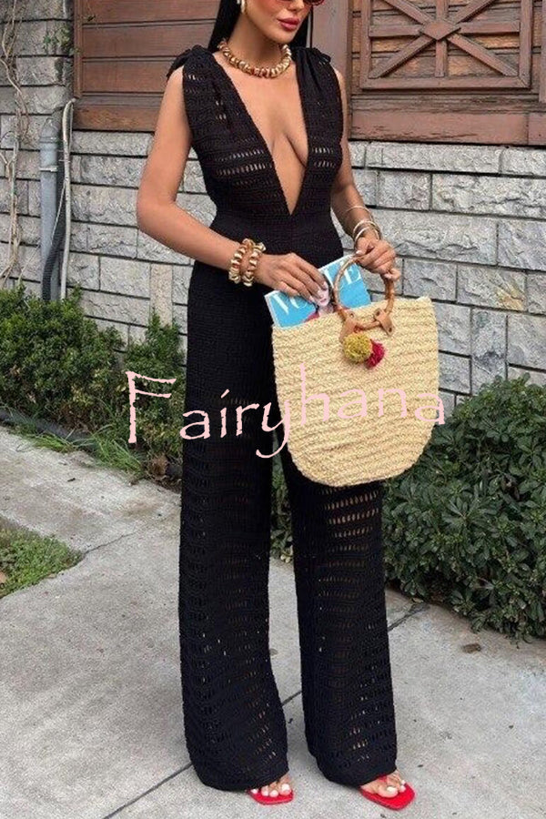 Solid Color Knitted V-neck Holiday Hollow Casual Jumpsuit