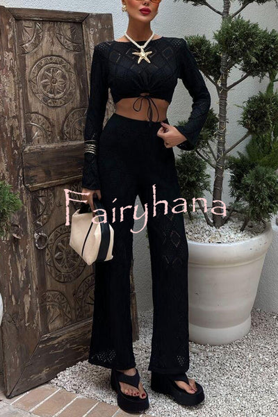 Solid Color Hollow Short Long-sleeved Top and Casual Stretch Wide-leg Pants Knitted Set