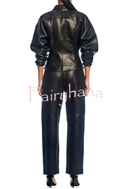 Pop of Brown Faux Leather Double Zipper Detail Balloon Sleeve Lapel Jacket