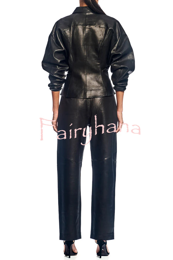 Pop of Brown Faux Leather Double Zipper Detail Balloon Sleeve Lapel Jacket