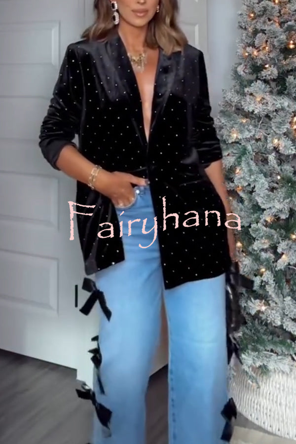 Runway Muse Embellished Velvet Long Sleeve Pocketed Lapel Blazer