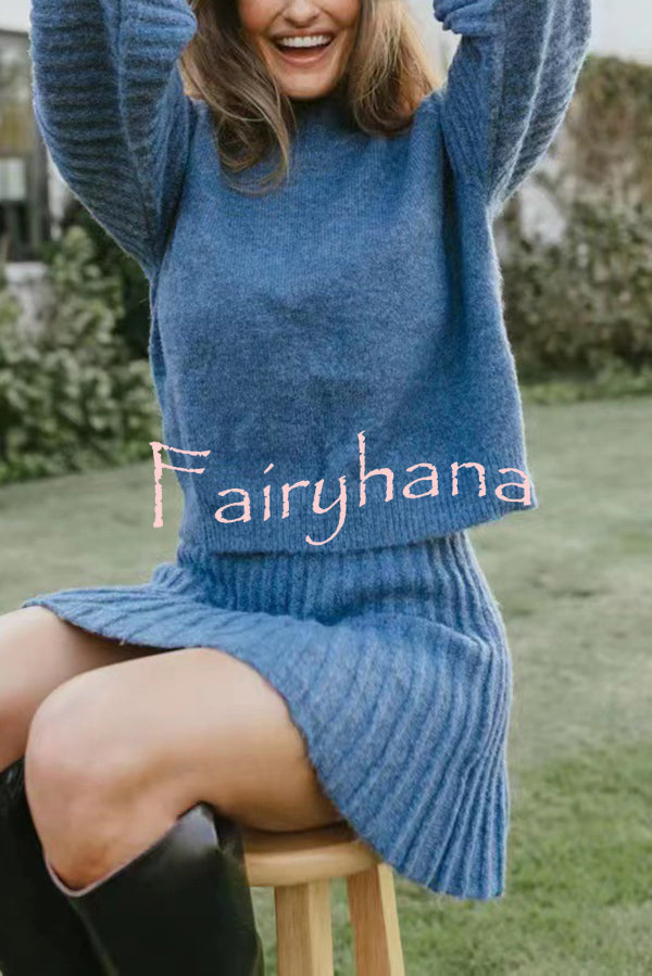 Solid Color Round Neck Puff Sleeve Loose Knit Sweater and Casual Striped Mini Skirt Set